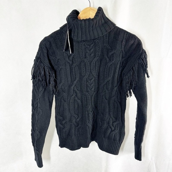 Lauren Ralph Lauren Fringe Trim Aran Knit Turtleneck Sweater Black - Picture 3 of 9